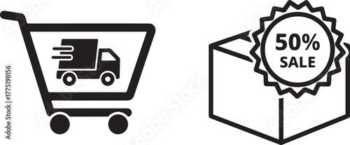 Simple black vector icons: delivery shopping cart and sale box.
