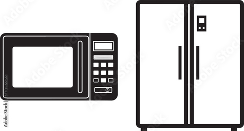 Modern Black and White Vector Kitchen Appliances Refrigerator Microwave