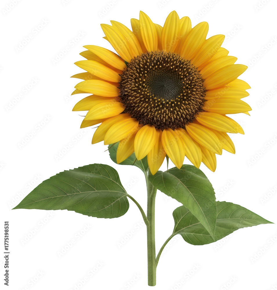 Obraz premium A Single Vibrant Sunflower With Bright Yellow Petals And A Detailed Dark Brown Center Stands Tall On A Green Stem With Large Leaves Isolated On A Transparent Background Isolate