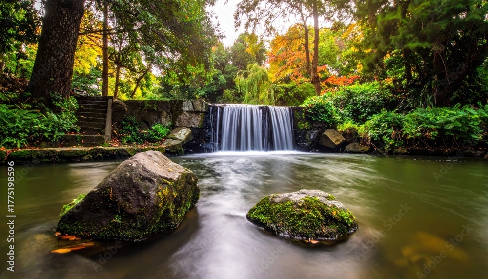 Naklejka premium Serene waterfall cascades into a calm river, framed by autumnal foliage