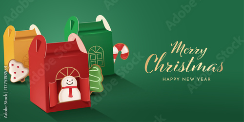 Cute Christmas gift boxes in red and green colors with ginger bread cookie, festive winter holiday decoration background illustration. Christmas Poster Design Vector Illustration 
