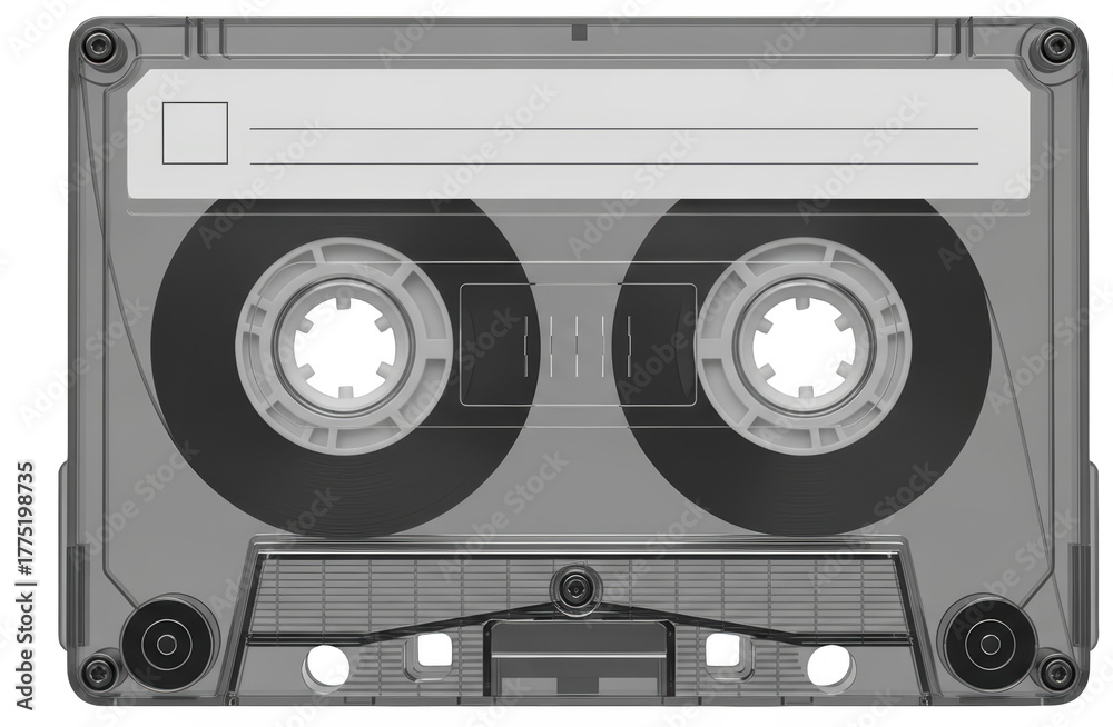 Fototapeta premium A top down view of a clear plastic audio cassette tape with gray spools and magnetic tape a label area at the top isolate Music Retro Vintage Sound Recording