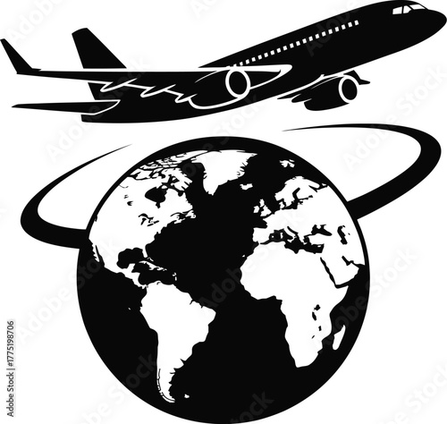 Airplane flying around the world silhouette isolated on white background