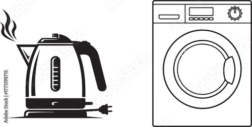 Black and White Line Art Icons of Electric Kettle and Washing Machine