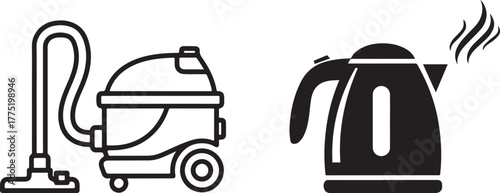 Monochrome Household Appliances Vector Icons: Outline Vacuum and Solid Kettle