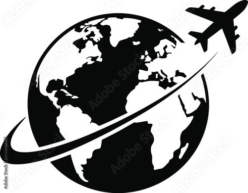 Airplane flying around the globe silhouette isolated on white background