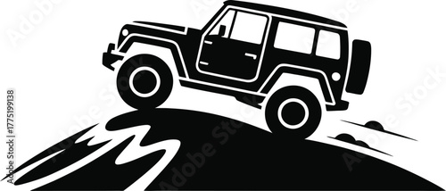 Off road vehicle climbing a hill silhouette isolated on white background