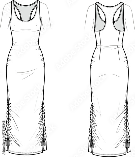 Women’s bodycon side ruched midi dress flat sketch, front and back view, technical CAD drawing, fashion vector, apparel template.