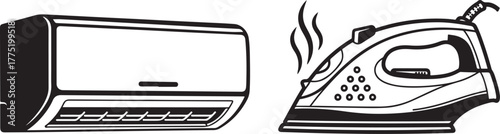 Monochrome Vector Illustration of Home Air Conditioner and Steam Iron