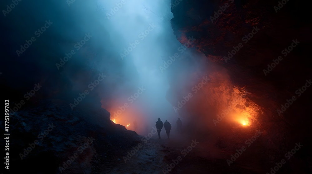 Fototapeta premium Silhouetted figures explore a dark misty cavern illuminated by glowing orange fires