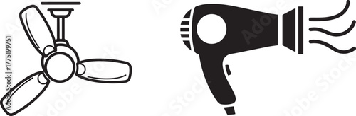Line Art Ceiling Fan and Silhouette Hair Dryer Appliances Icons
