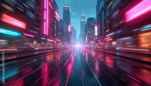 Neon cityscape photo modern downtown with vibrant lights. Cyberpunk art visualizes future urban life at night. Sci-fi landscape features tall buildings. Tech backdrop suits graphic design, wallpaper