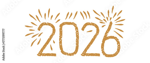 Hand Drawn New Year 2026 Gold Text Effect with Fireworks and Star Confetti. Festive Celebration Vector Illustration on White Background