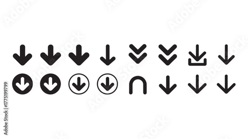 Set of various arrow down icons simple flat vector design elements for web and mobile apps isolated on white background