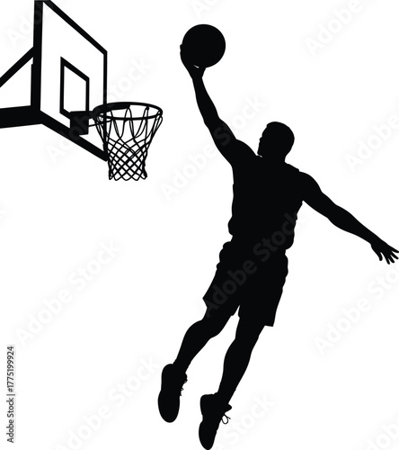 Basketball player dunking silhouette isolated on white background