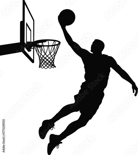 Basketball player dunking silhouette isolated on white background