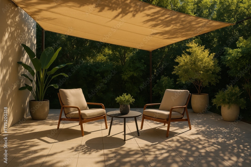 Fototapeta premium Cozy Outdoor Relaxation Space with Modern Chairs and Shade in a Lush Green Garden Setting