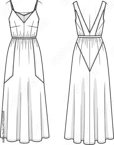 Women’s sleeveless long dress vector template with deep V-neck, front and back view, fashion CAD drawing flat sketch.