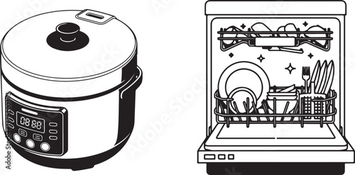 Clean Line Art Vector of Kitchen Appliances: Multi-Cooker and Dishwasher