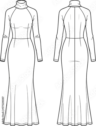 Long sleeve maxi dress technical fashion flat, front and back view, high neck slim fit style, vector CAD illustration, detailed drawing
