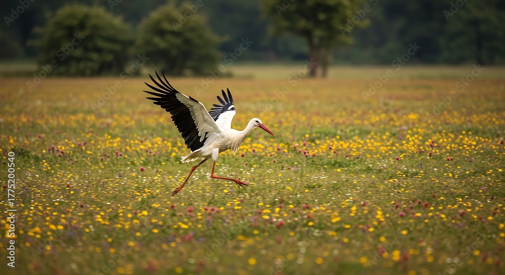 Fototapeta premium A white stork with red beak and legs takes flight in a colorful meadow field