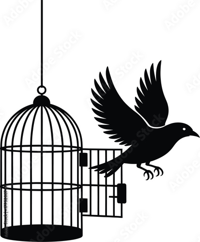 Bird flying out of an open cage silhouette isolated on white background