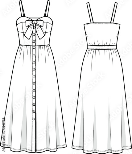 Cute summer dress CAD flat sketch, front and back view, technical fashion illustration, spaghetti straps, bow detail, button closure