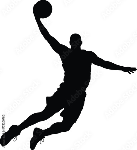 Basketball player dunking silhouette isolated on white background