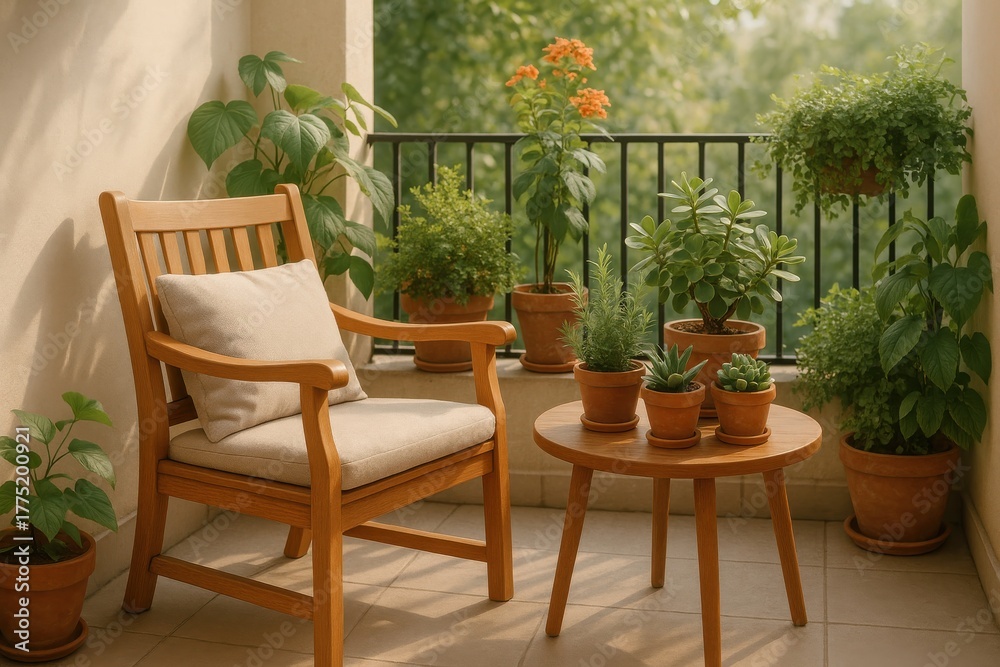 Fototapeta premium Cozy balcony garden with wooden chair, potted plants, and serene green view in soft afternoon light