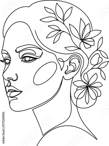 Elegant woman portrait with floral hair decoration in a minimalist line art