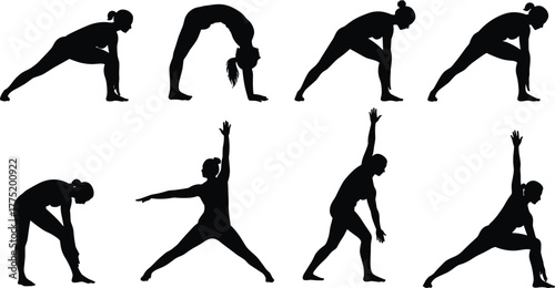 Flat vector yoga stretching poses silhouettes, flexibility balance strength illustration, fitness workout meditation wellness exercise design set