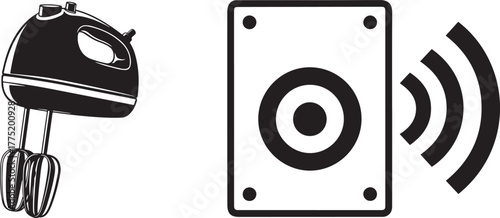 Monochrome Vector Icons of Kitchen Mixer and Audio Speaker with Sound Waves