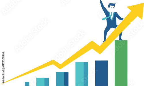 Businessman celebrating success standing on a bar graph with an upward trending arrow