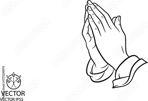 Praying hands in black and white line art for religious or spiritual themes