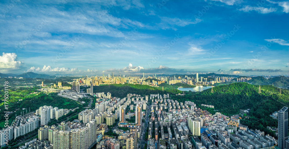 Obraz premium Aerial panoramic view of a modern city with dense residential districts in Shenzhen.