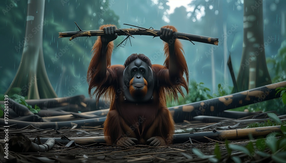 Obraz premium An orangutan sits in a lush jungle, holding a branch above its head. The powerful pose and serene expression convey strength and resilience, set against a backdrop of verdant foliage.