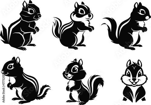 Flat vector chipmunk illustrations in different styles, rodent animal silhouettes and cartoon designs, wildlife artwork template