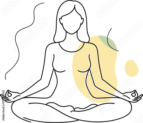 Woman in lotus position meditating with abstract shapes in a minimalist style