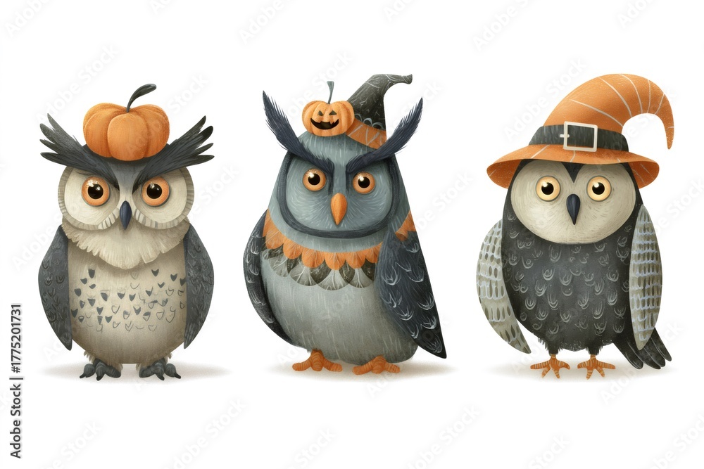 Obraz premium Cute owls celebrating halloween, dressed in festive pumpkin and witch hats, standing together on a white background