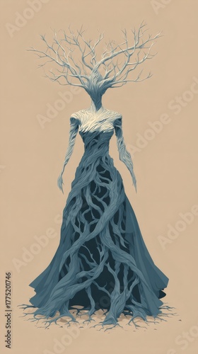 Ethereal dryad figure merging human torso with tree roots, branches forming the head, symbolizing connection to nature