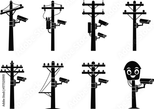 Flat vector utility pole silhouettes with surveillance cameras, electrical infrastructure design, urban security illustration collection