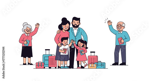 Family Vacation Illustration of a Family with Luggage Ready for a Trip