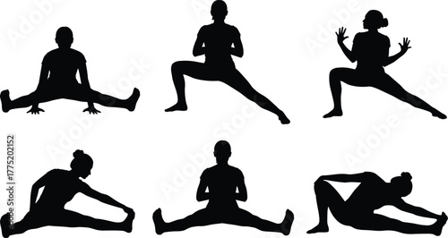 Flat vector yoga stretching poses silhouettes, flexibility balance meditation illustration, fitness workout wellness exercise design set
