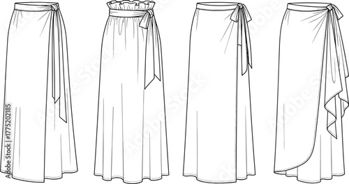 Wrap tie waist long skirts, front view, four design variations, technical drawing, line art, cad drawing flat vector illustration