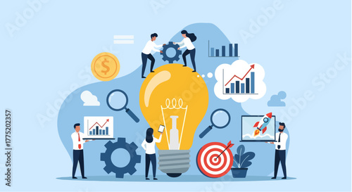 Teamwork and innovation concept with lightbulb and gears.