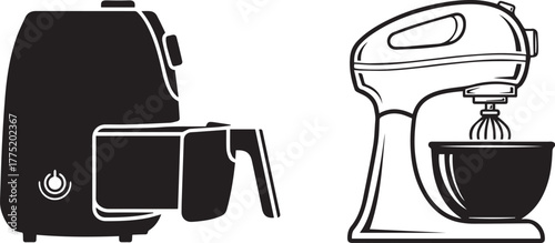 Monochromatic Vector Icons of Kitchen Air Fryer and Stand Mixer