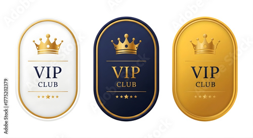 Vip club badge with crown emblem in oval shape set