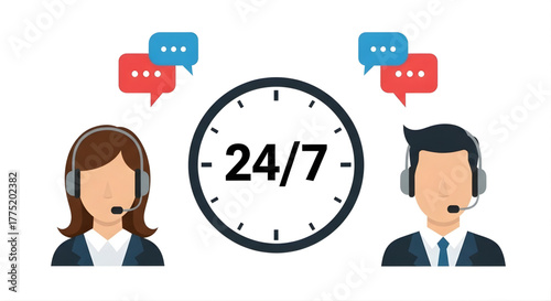 Customer support 24/7 round clock with chat bubbles and people