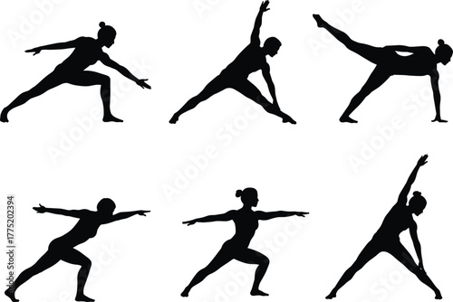 Flat vector yoga poses silhouettes, balance flexibility strength illustration, fitness stretching workout meditation wellness design set
