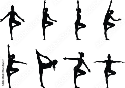 Flat vector yoga standing poses silhouettes, balance flexibility meditation illustration, fitness stretching workout wellness design set